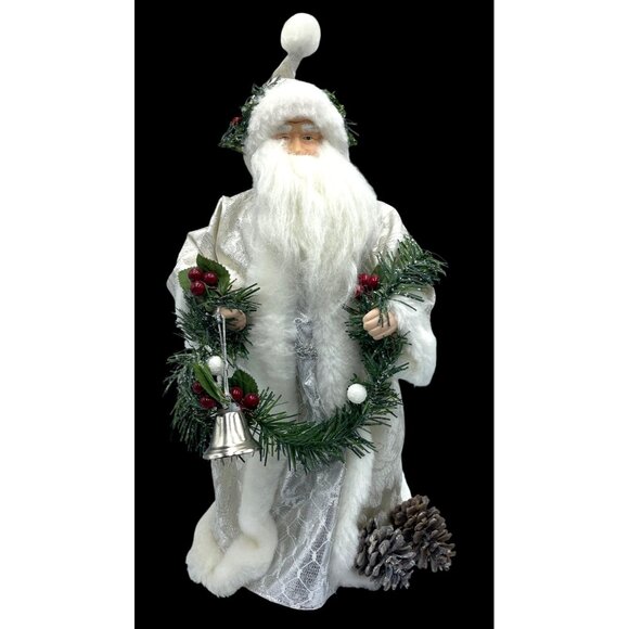 VTG White & Silver Robe Santa Claus Tree Topper Pine Cones Silver Bell  Garland - Picture 1 of 13